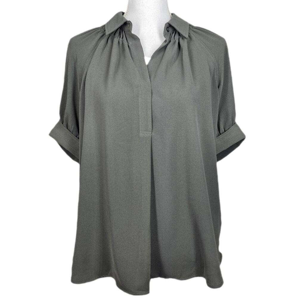 MAX STUDIO LONDON WOMEN'S SHORT‑SLEEVE BLOUSE – GRAY (ARMY) – SIZE L